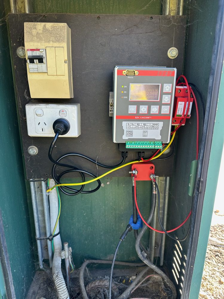 NES SZK 3 24/230M71 cathodic protection rectifier installed in the asset owner's existing enclosure, alongside the original switchboard and RCD