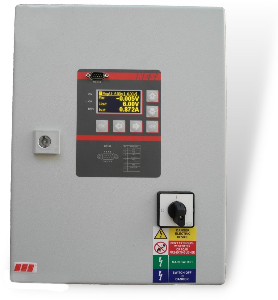 NES SZK cathodic protection rectifier, front panel showing output voltage and current